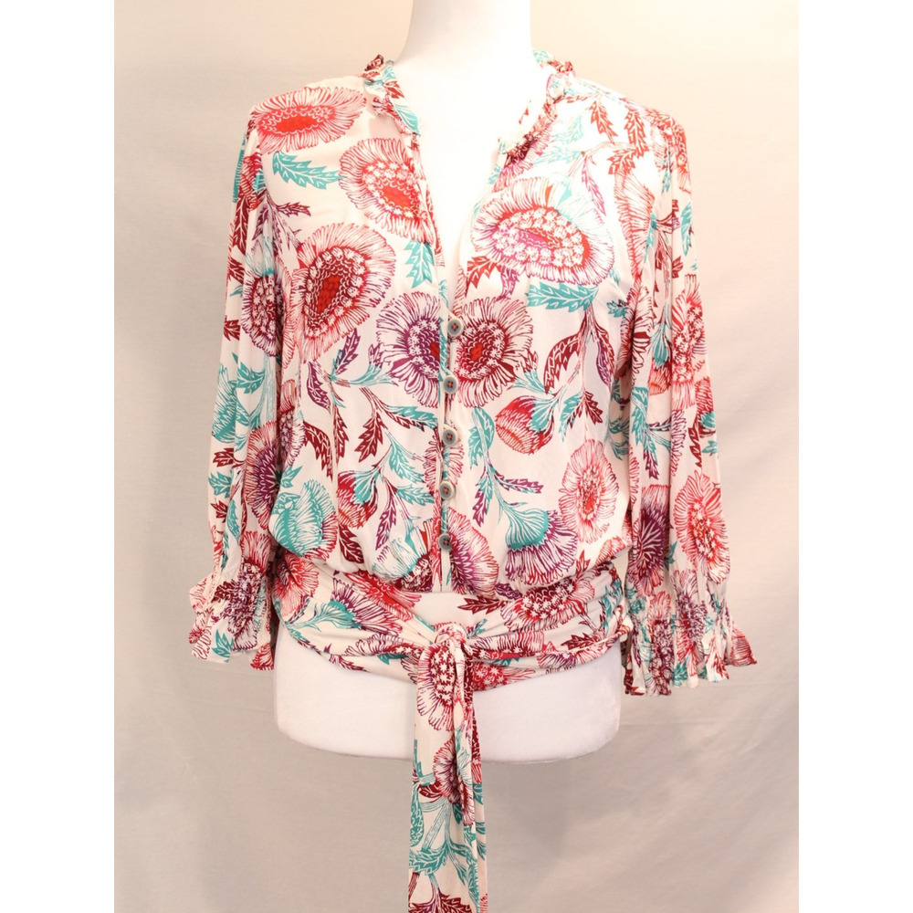 TugBoat By Anthropologie Saraya Tie Front Top size XS Floral 1/2 Button Popover